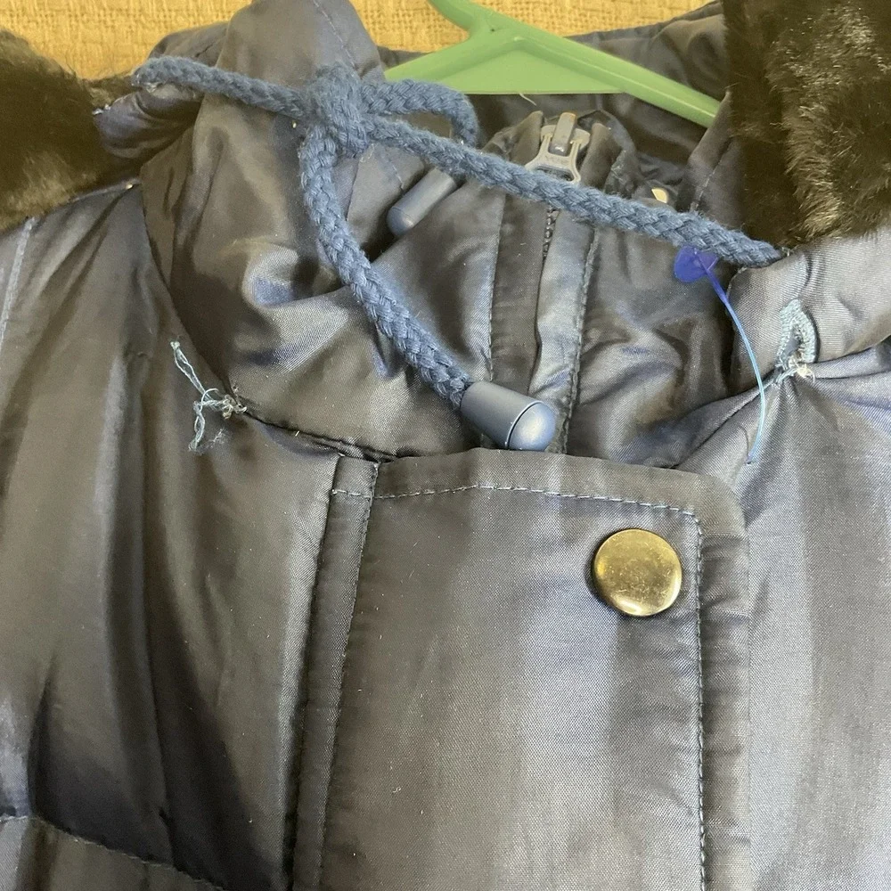 SM2 Womens Size M To L Navy Blue Down‎ Hooded Puffer Long Coat Faux Fur Trim